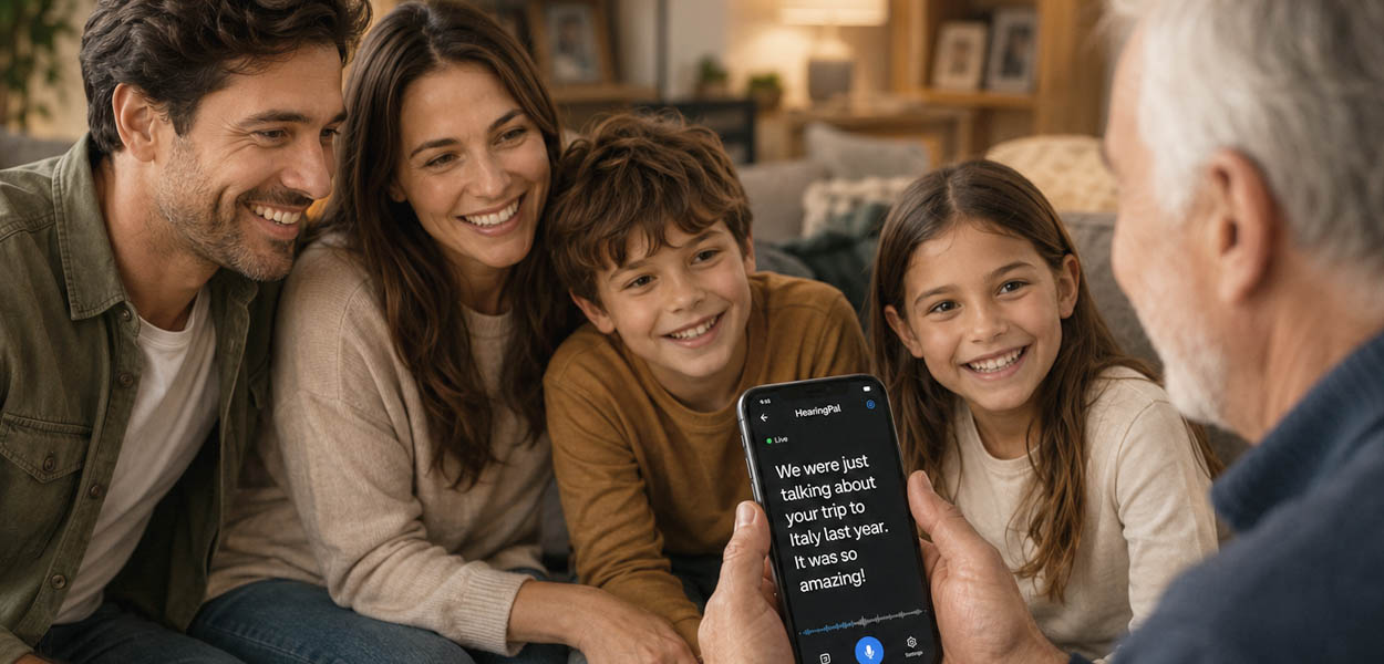 A person reading live captions on their phone during a conversation